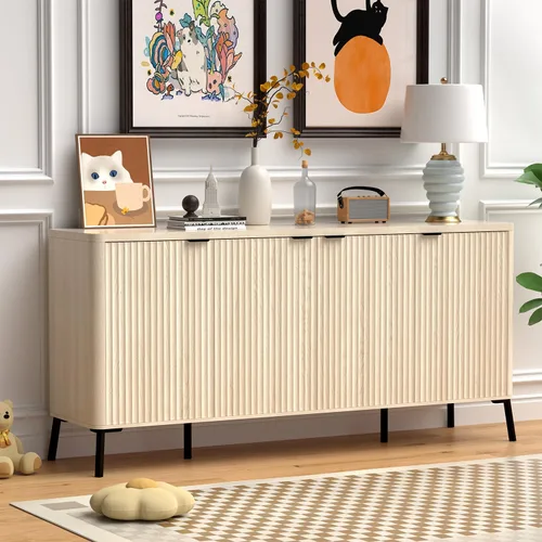 Vista 9 de Armario buffet, aparador grande de 63 pulgadas con almacenamiento, aparador moderno acanalado con 4 puertas, gabinete de almacenamiento de madera