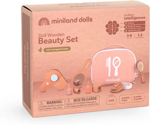 Vista 7 de Miniland Set de belleza de madera para muñecas, juego de accesorios de calidad con 6 piezas de madera y 1 funda de transporte para almacenamiento