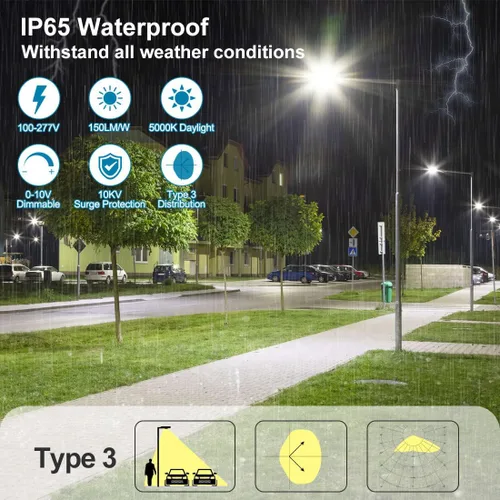 Vista 5 de Luz LED de estacionamiento de 150 W con fotocélula, luces LED regulables para exteriores con ajuste deslizante y soporte de brazo en 1, 22500LM