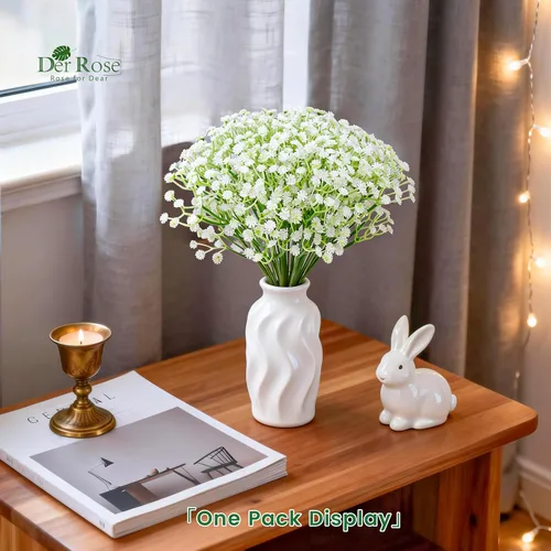 Vista 2 de Der Rose 24 flores artificiales blancas de aliento de bebé, 11 pulgadas, elegantes flores artificiales para decoración del hogar, centros de mesa