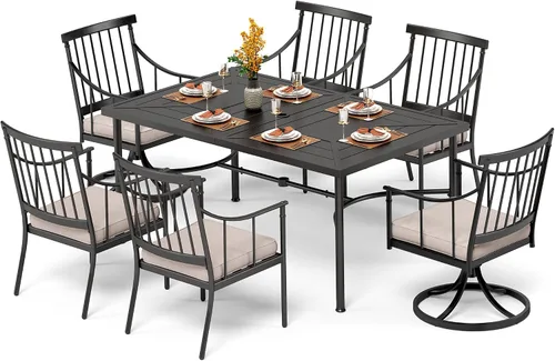 Vista 11 de PHI VILLA Juego de mesa de comedor para patio de 7 piezas con cojín para 6, mesa grande rectangular de metal para exteriores con orificio para Silla