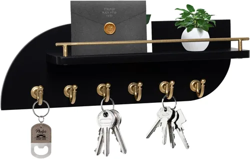 Vista 11 de Soporte para llaves de pared, organizador decorativo de llaves y correo con 3 ganchos de metal y 2 estantes, estante de llaves de madera montado