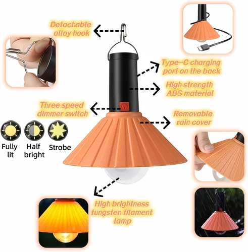 Vista 5 de Luz LED recargable para campamento, 3000 K blanco cálido, 3 modos de brillo, IPX6 impermeable, carga USB-C, gancho desmontable, luz portátil