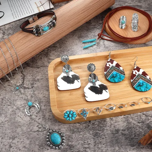 Vista 6 de Helicopchain Western Jewelry For Women Bohemian Turquoise Jewelry Set Turquoise Pendant Choker Necklace Turquoise Faux Leather Cuff Bracelet