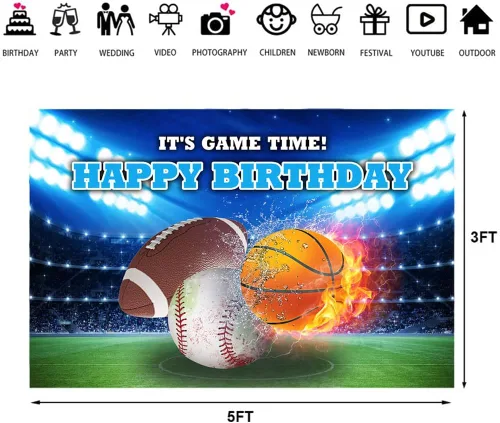 Vista 3 de Ticuenicoa Telón de fondo de cumpleaños deportivo de 5 x 3 pies para niños, fútbol, baloncesto, béisbol, cumpleaños, fondo de cumpleaños para niños