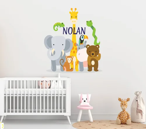Vista 9 de Calcomanía de pared con nombre personalizado de animales de la selva, diseño de animales del zoológico de safari para bebé, calcomanía de pared