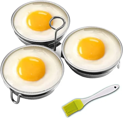 Vista 7 de Cazador de huevos de acero inoxidable, Fabricante perfecto de huevos escalfados, Anillos redondos para cocina de huevos para desayuno, 3 tazas