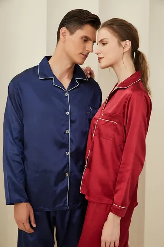 Vista 7 de FENTENG Men's Satin Pajamas Set Long Sleeve Silky Sleepwear Sets Button Down Shirt Top with Long Pants Soft 2 Pcs Lounge Set