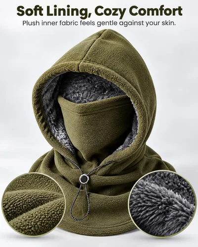 Vista 8 de 3-in-1 Winter Hat, Flannel Balaclava Face Mask with Neck Cover Green
