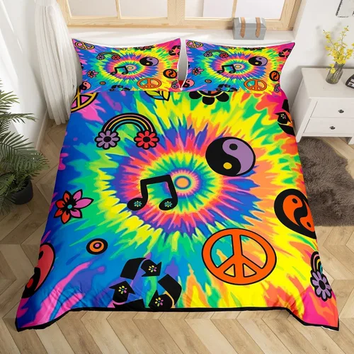 Vista 15 de Groovy Flowers - Funda de edredón de flores hippy girl, juego de ropa de cama con diseño de flores de arco iris, espiral, rayas, floral, juego