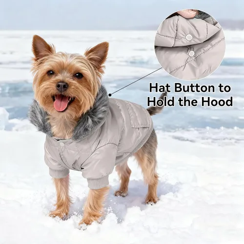 Vista 2 de LESYPET Abrigo para perro pequeño, chaqueta acolchada a prueba de viento para perros con agujero para correa, chaqueta extra cálida para perro, gris