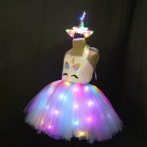 Vista 4 de SHINYOU Girls Unicorn Costume, Rainbow Unicorn Dress, LED Light Up Unicorn Tutu with Wing for Halloween Birthday Gift