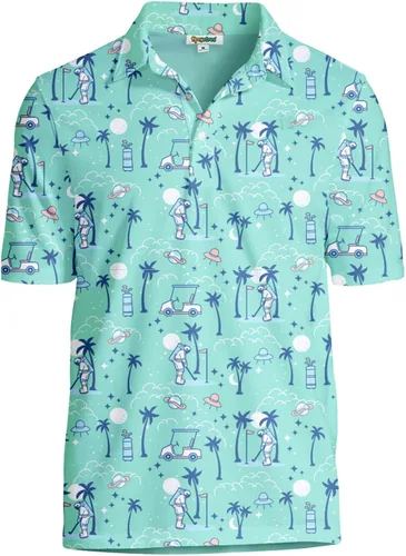 Vista 13 de Tipsy Elves Camiseta polo de golf divertida para hombre - Ropa de golf novedosa Paraíso azul de 8 bits