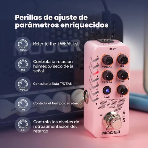 Vista 4 de MOOER Pedal de guitarra D7 Delay con 6 cintas de retardo diferentes y grabación Looper de 150s, función ajustable múltiple, tempo de toque Surpport
