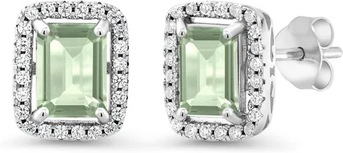 Vista 39 de Gem Stone King Aretes de plata de ley 925 con piedra natal Corte esmeralda de 0.315 x 0.236 in Aretes de halo para mujer