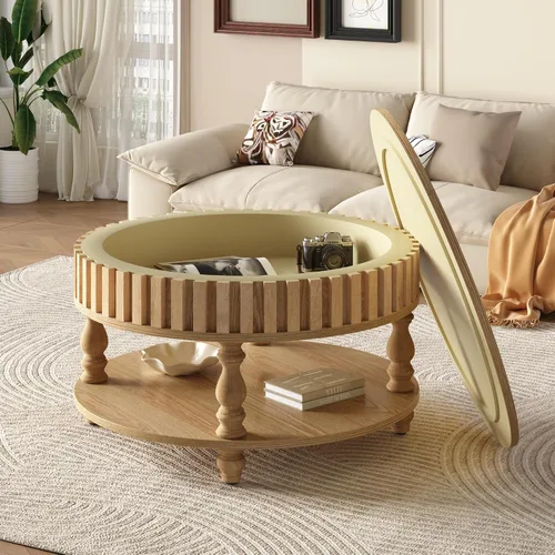 Vista 13 de TesNus Mesa auxiliar redonda de 31.5 pulgadas con almacenamiento, mesa de centro de madera moderna para sala de estar, mesa central pequeña