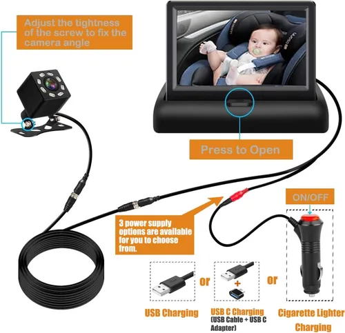 Vista 14 de Cámara de Monitoreo para Coche de Bebé AllRuby, Espejo de Coche para Bebé, para Puertos USB/USBC/Encendedor de Cigarrillos, Vista Amplia y Clara