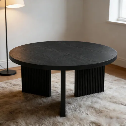 Vista 3 de Mesa de centro redonda de madera, mesa de centro de 35 pulgadas con mesa gruesa y lisa, mesa central de círculo bajo con patas estables