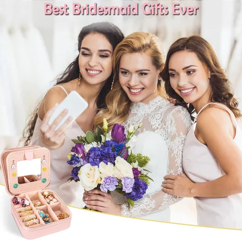 Vista 5 de Joyero de viaje, organizador de joyas pequeño, mini joyero con espejo, regalo perfecto para damas de honor para bodas, el mejor regalo para mujeres