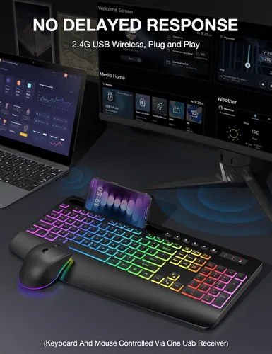 Vista 7 de Combo de teclado y mouse inalámbricos SABLUTE - 9 efectos retroiluminados, 2.4 GHz Ergo Wrist Rest, Phone Holder, Full Size, Rechargeable, Sleep