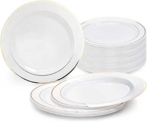 Vista 7 de Platos de plástico desechables Occasions para fiestas de boda (120 unidades), Blanco / Borde dorado