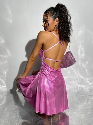 Vista 2 de Floerns Vestido camisero acampanado sin mangas con drapeado metálico para mujer
