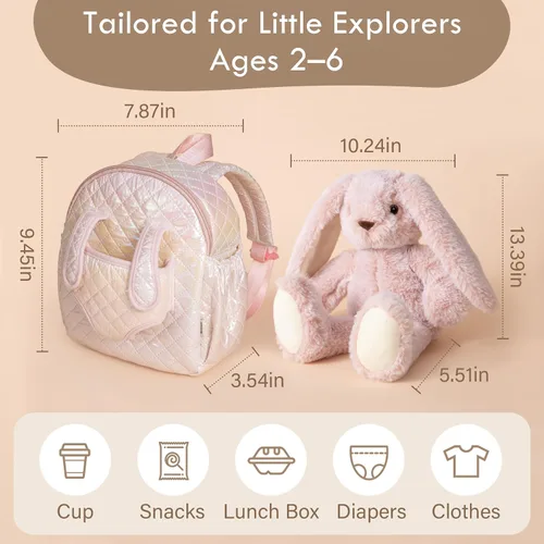 Vista 8 de Moonkie Hug & Go Bunny - Mochila para niños pequeños, bolsa de felpa suave con juguete desmontable para niñas de 2 a 4 años, perfecta