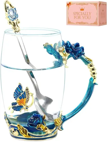 Vista 3 de Regalos de taza de té para mamá, regalo de cumpleaños para mujeres, taza de café de esmalte de vidrio, taza de mariposa azul cielo con flores, taza