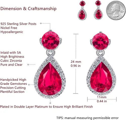 Vista 4 de VONSSY Aretes colgantes de gota Piedras preciosas de gota de agua chapadas en oro blanco cristal colgante de circonita cúbica hipoalergénico