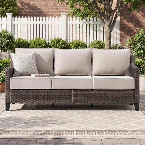 Vista 8 de Belord Sofá de patio exterior acolchado de 3 asientos de lujo de 6 pulgadas Cojín de mimbre marrón/beige de 6 pulgadas