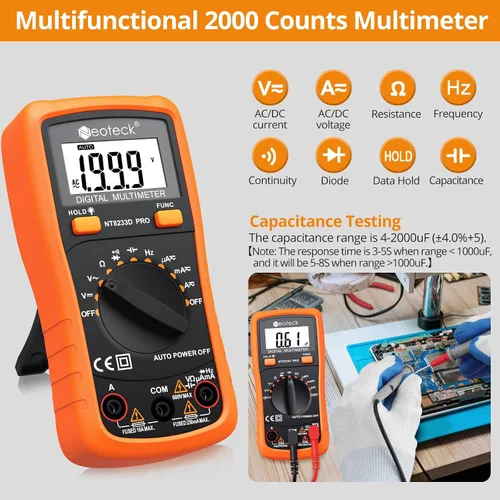 Vista 9 de Multímetro digital de bolsillo Neoteck 8233D PRO 2000 recuentos, con diodos de resistencia, medidor automático de continuidad con indicador sonoro