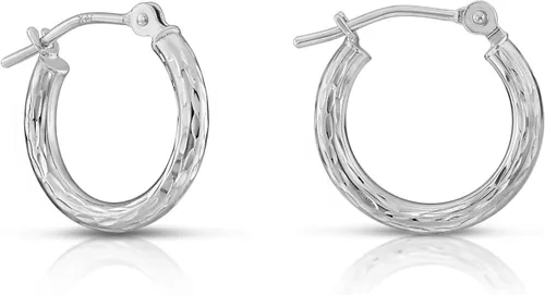 Vista 6 de Aretes redondos de oro blanco de 14 quilates grabados a mano con corte de diamante completo