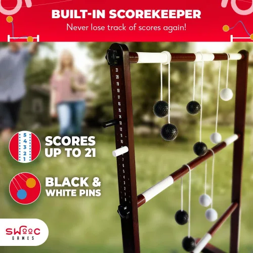 Vista 5 de SWOOC Games® - Juego de pelota de escalera de madera premium (resistente a la intemperie) - con más de 10 juegos y estuche de transporte - Fácil