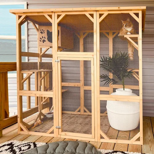 Vista 9 de Grepatio Casa grande para gatos de madera Catio para exteriores con resistente a la intemperie, jaula para gatos, corralito interior con plataforma