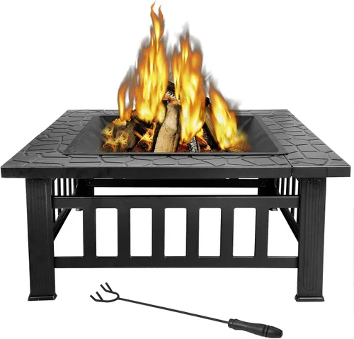 Vista 3 de Mesa para hoguera al aire libre de 32 pulgadas con parrilla, cuenco de chimenea de leña, estufa cuadrada multifuncional, con pantalla de chispas