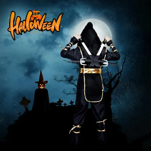 Vista 6 de Disfraz de Halloween para niños, disfraz de ninja y juego de simulación con juguetes Ninja de lujo