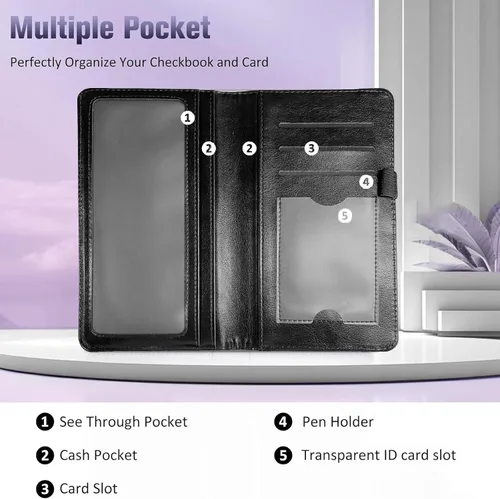 Vista 2 de RFID Blocking Checkbook Cover for Women & Men, Premium PU Leather Print Wallet for Duplicate Checks, Slim Organizer with Pen Holder, Credit Card