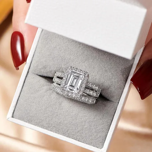 Vista 2 de Wuziwen Juego de anillos de compromiso de plata de ley de 4 quilates con corte esmeralda para mujer, talla 5-10