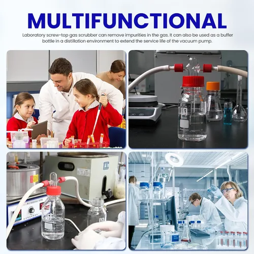 Vista 6 de ALWSCI Botella de lavado de gas de laboratorio, vidrio de 8.5 fl oz, botella de búfer de laboratorio graduada, cabeza Drechsel GL45 con tubo