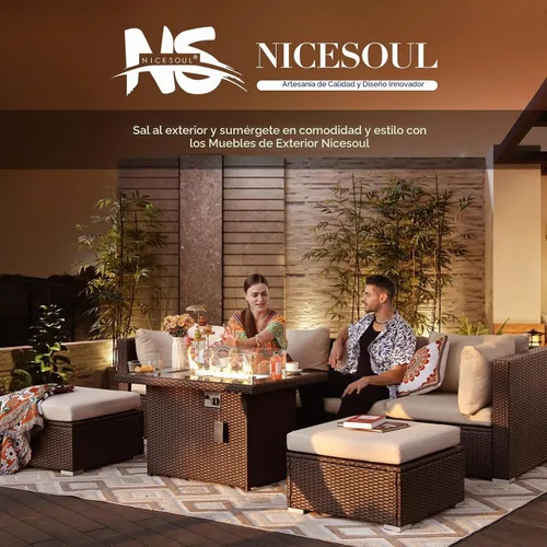 Vista 8 de NICESOUL Mesa de Hoguera de Mimbre para Exteriores de Gas Natural/Propano, Mesa de Hoguera Rectangular de 43'' para Exteriores, Mesas de Chimenea