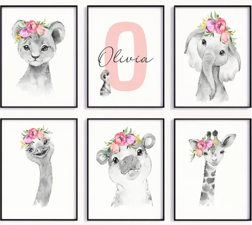 Vista 11 de Juego de arte de pared personalizado de safari para guardería, impresiones de animales de la selva con nombre personalizado, imágenes de decoración