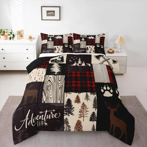 Vista 56 de Juego de edredón de cabaña rústica navideña, juego de ropa de cama estilo rústico con diseño de osos y ciervos, tamaño completo, patchwork Multi 08