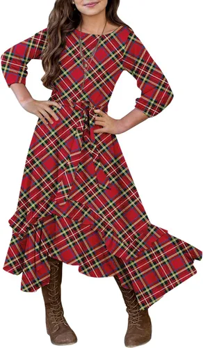 Vista 23 de MITILLY Vestido largo maxi suelto liso de manga 3/4 casual con bolsillos y volantes estilo swing con cinturón para niñas 01 Azul oscuro fultter