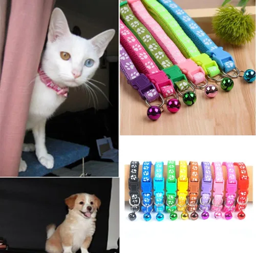 Vista 4 de Collar de perro de 12 colores transpirable de nailon para mascotas, ajustable para perros pequeños y medianos con campana (12 unidades)