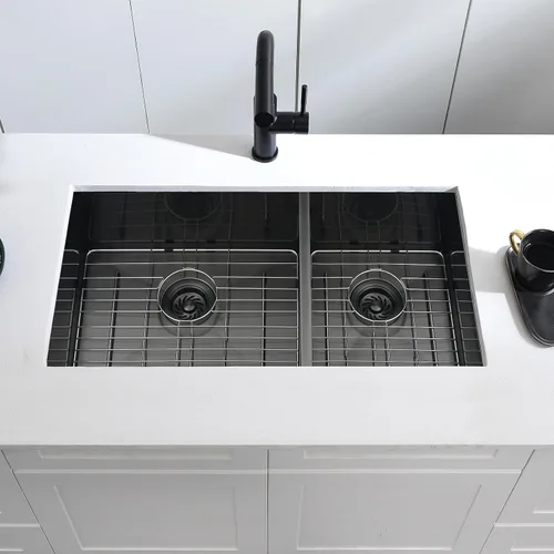 Vista 9 de Fregadero de cocina negro de 33 x 17 pulgadas con doble tazón, 33 x 17 x 9 pulgadas, calibre 16, acero inoxidable negro, montaje inferior