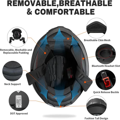 Vista 4 de Casco integral de motocicleta para adultos, aprobado por DOT, WS-609, casco de carreras de motocicleta de calle con visera negra (negro mate, L)