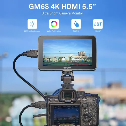 Vista 2 de Godox GM6S Monitor de cámara de 5.5 pulgadas, monitor de video 4K HDMI ultra brillante, pantalla táctil IPS de 1920 x 1080, entrada y salida 3D LUT