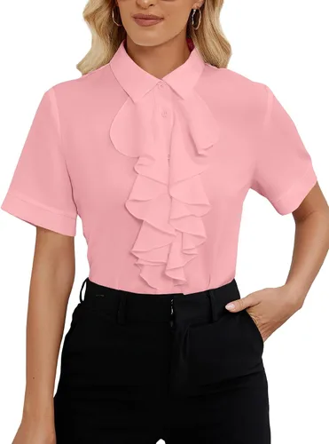 Vista 20 de Vrtige Women's Ruffle Front Collar Neck Button Down Short Sleeve Blouse Shirt Top