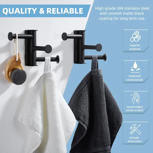 Vista 3 de Angle Simple Gancho giratorio para toallas mate negro, 2 paquetes, SUS 304 gancho de acero inoxidable para abrigos y batas para baño