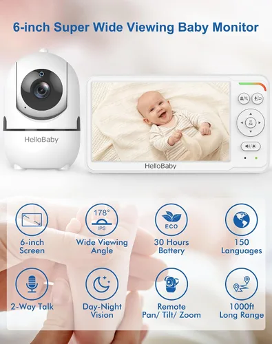 Vista 3 de HelloBaby Monitor de bebé con cámara y audio, 6 pulgadas, primera pantalla IPS del mundo, monitor de cámara para bebé, sin WiFi, monitor de bebé